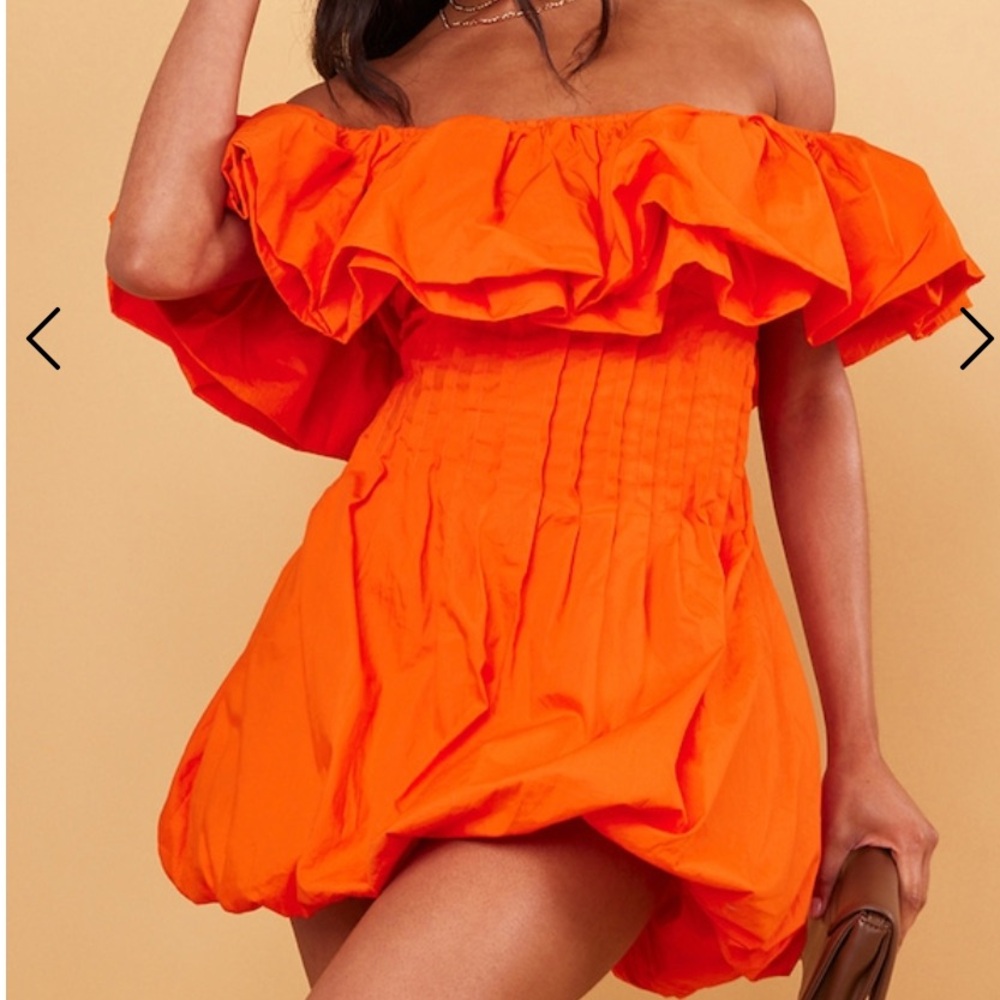 Bright Orange Woven Extreme Puff Bardot Shift Dress
